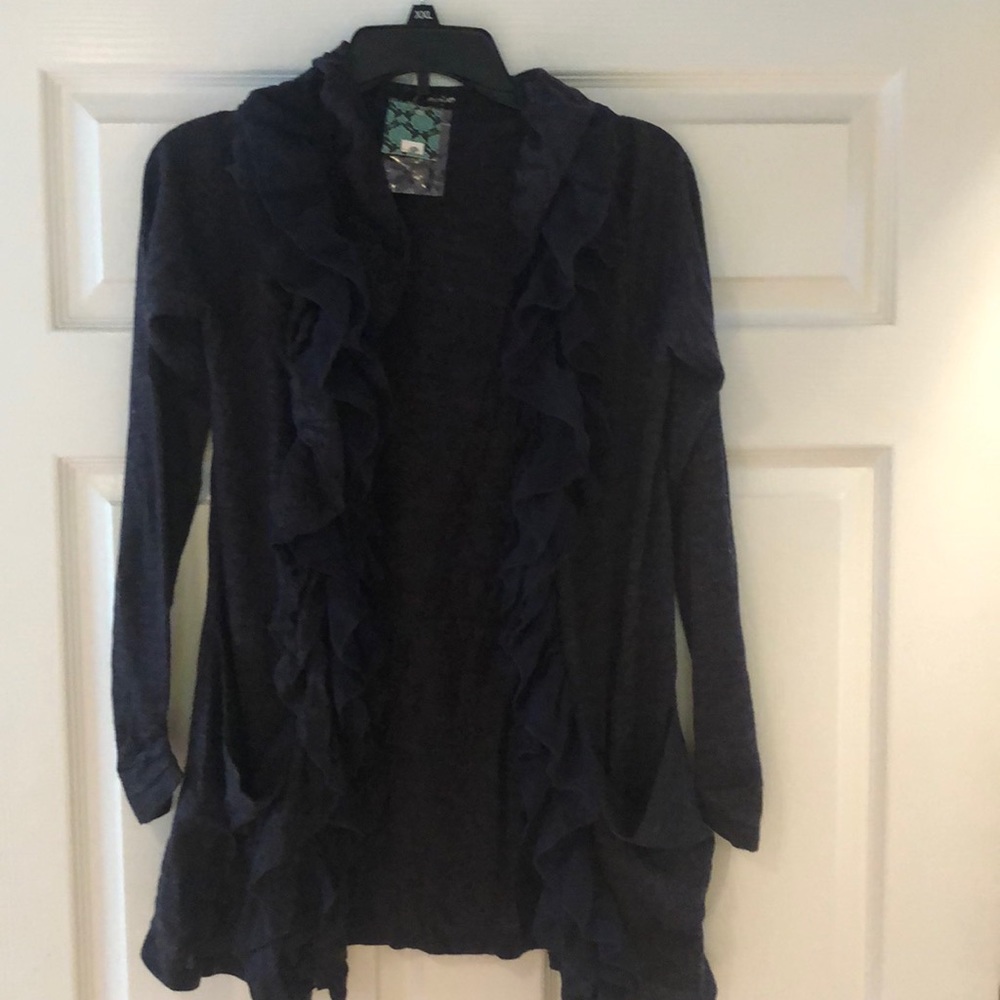 New Grey Dragon Fly ruffled cardigan sweater L